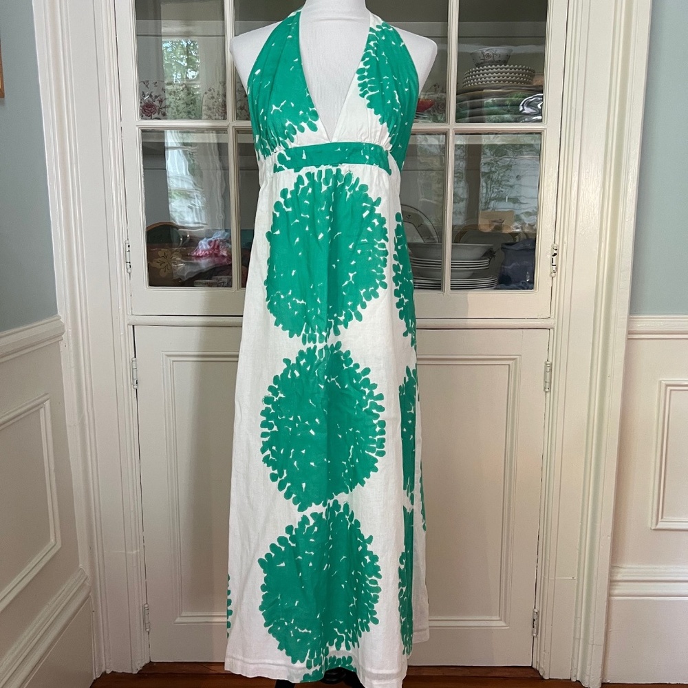 Virginia Johnson Cotton Halter Dress, Medium, Backless, Green & White Sundress